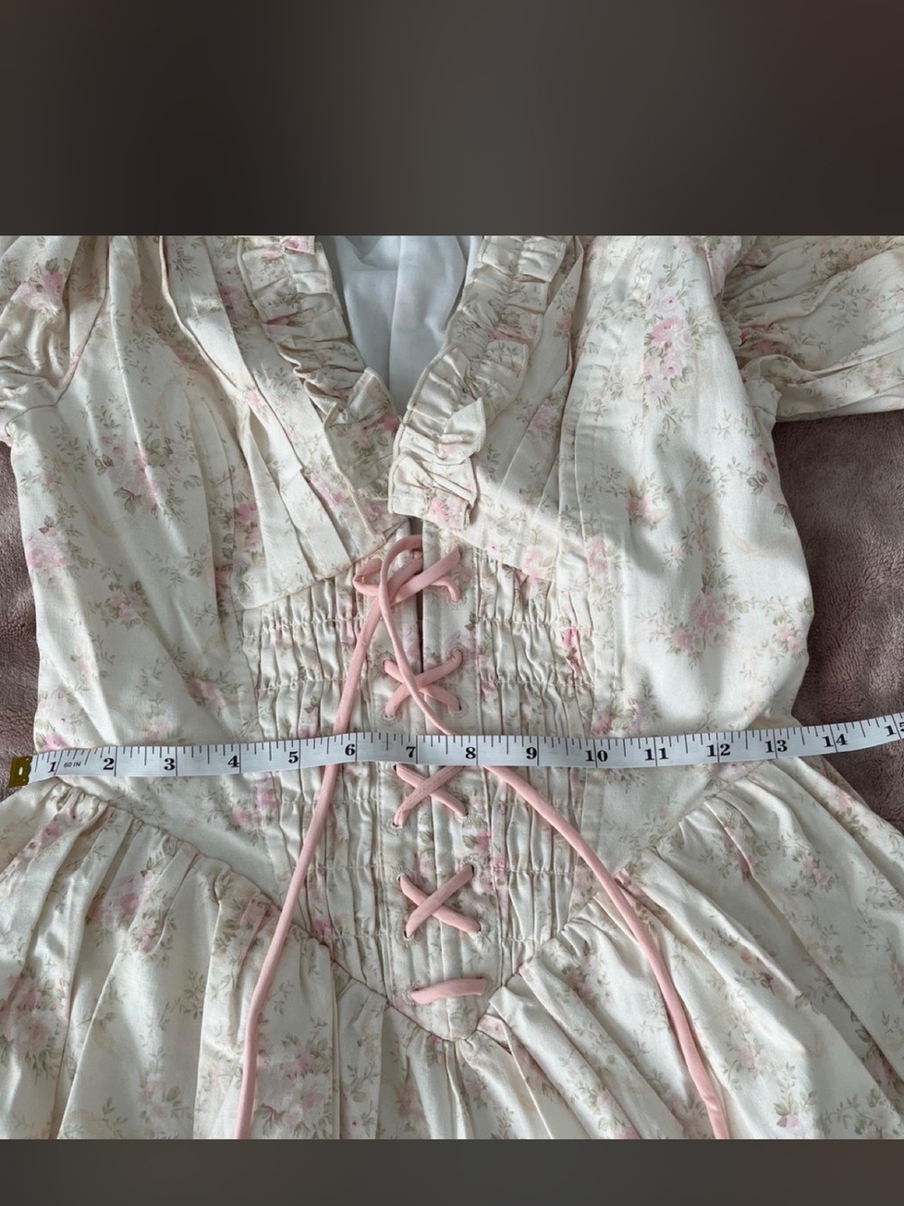 Cream Floral Lace-Up Romantic Chemise with Puff Sleeves - Picture 7 of 7